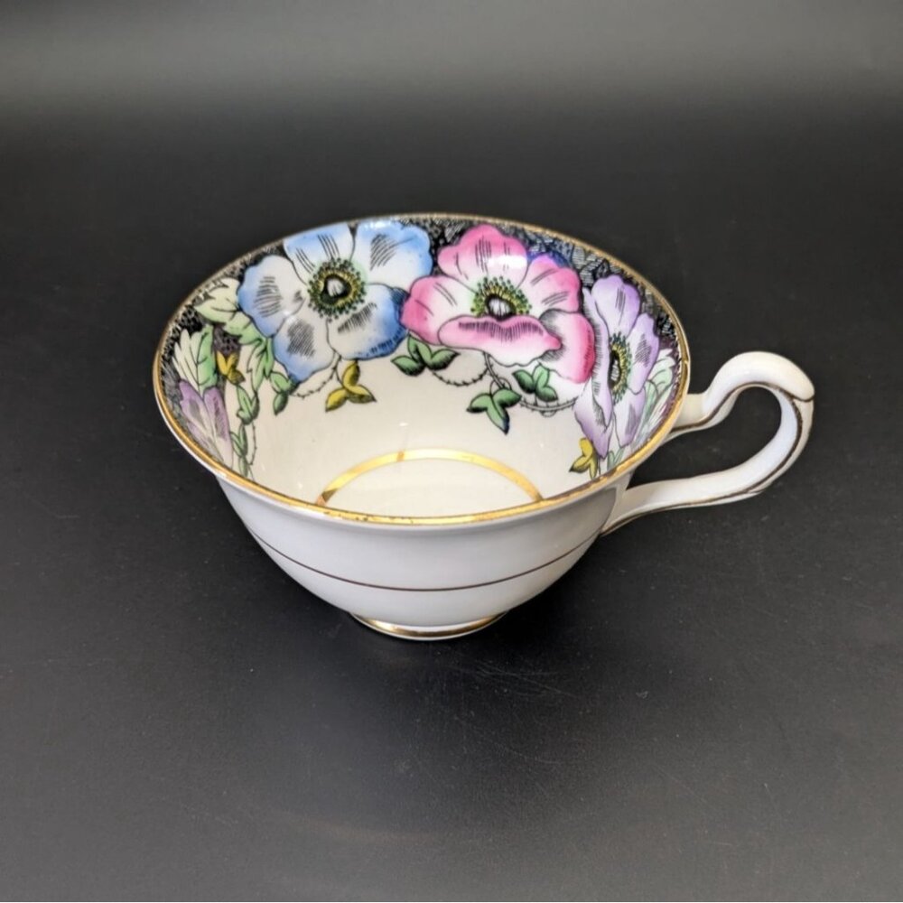 Taylor & Kent Bone China Teacup England Art Deco Floral Gold Trim Vintage